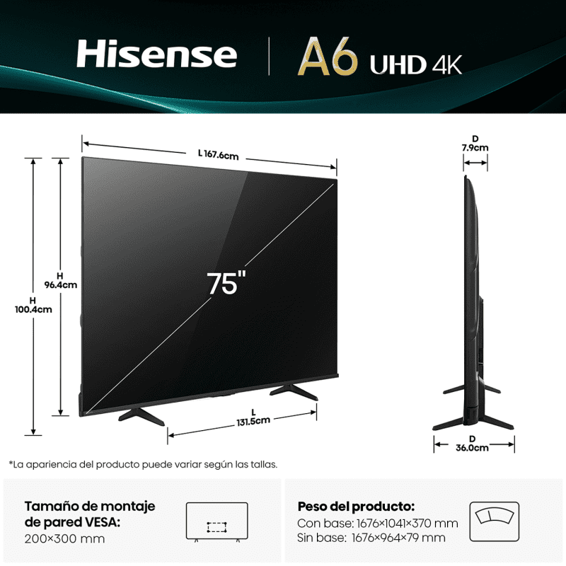 Televisor Hisense UHD-4K A6NV 75″